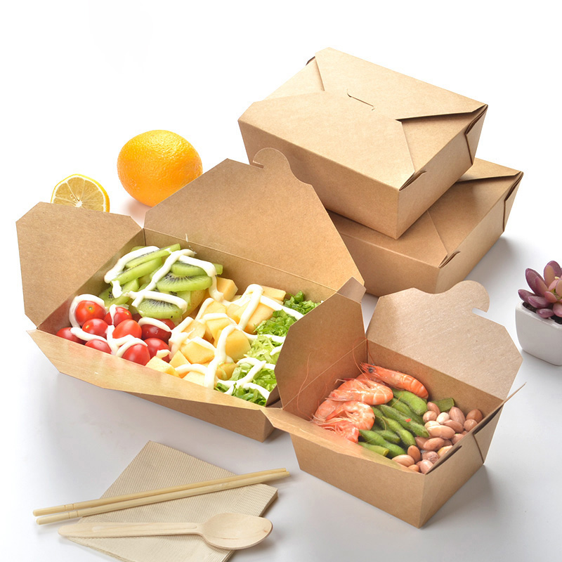 Microwaveable Folding Natural Kraft Food Boxes Take Out Disposable